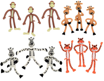 4 Inch Rubbery Bendable Jungle Safari Zoo Animals (12 Pack) Giraffe, Monkey, Zebra and Tiger Flexible Figures Birthday Party Favors Stress Relief
