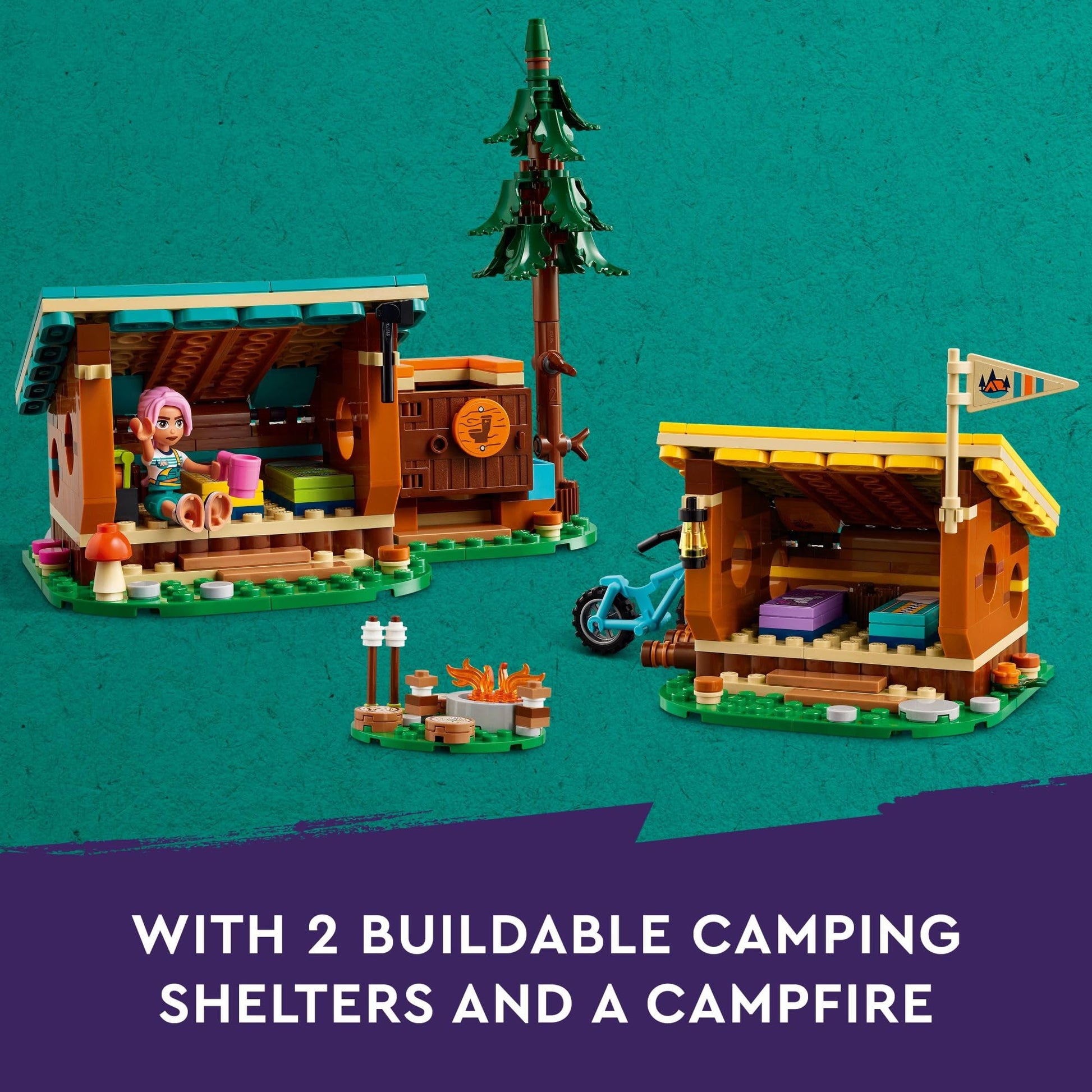 LEGO Friends Adventure Camp Cozy Cabins Camping Toy, Kids’ Nature Playset, Pretend Play Toy with 3 Mini Doll Characters and a Fox Figure, Birthday