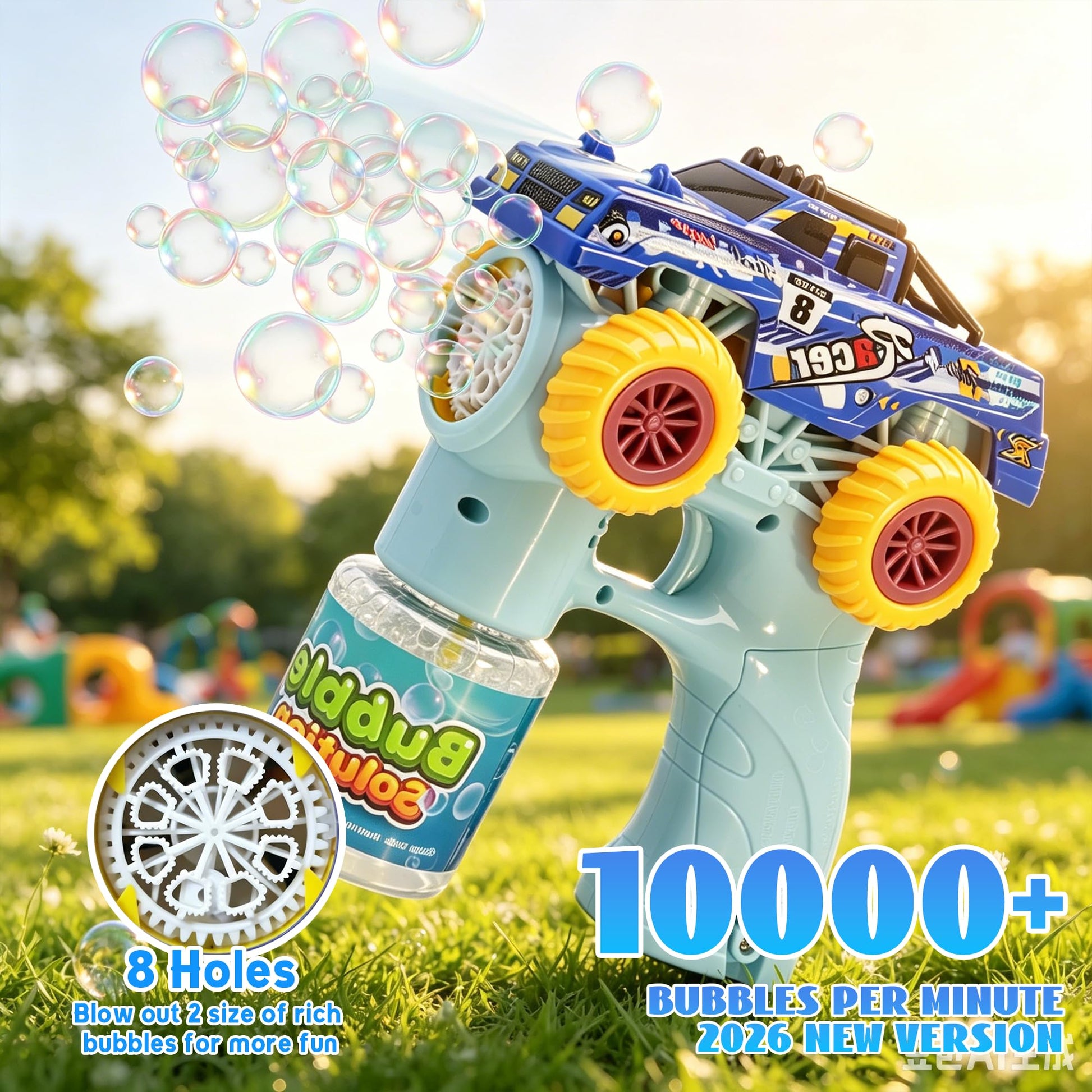 Monster Truck Bubble Gun for Kids, Automatic Bubble with LED Lights,Blue