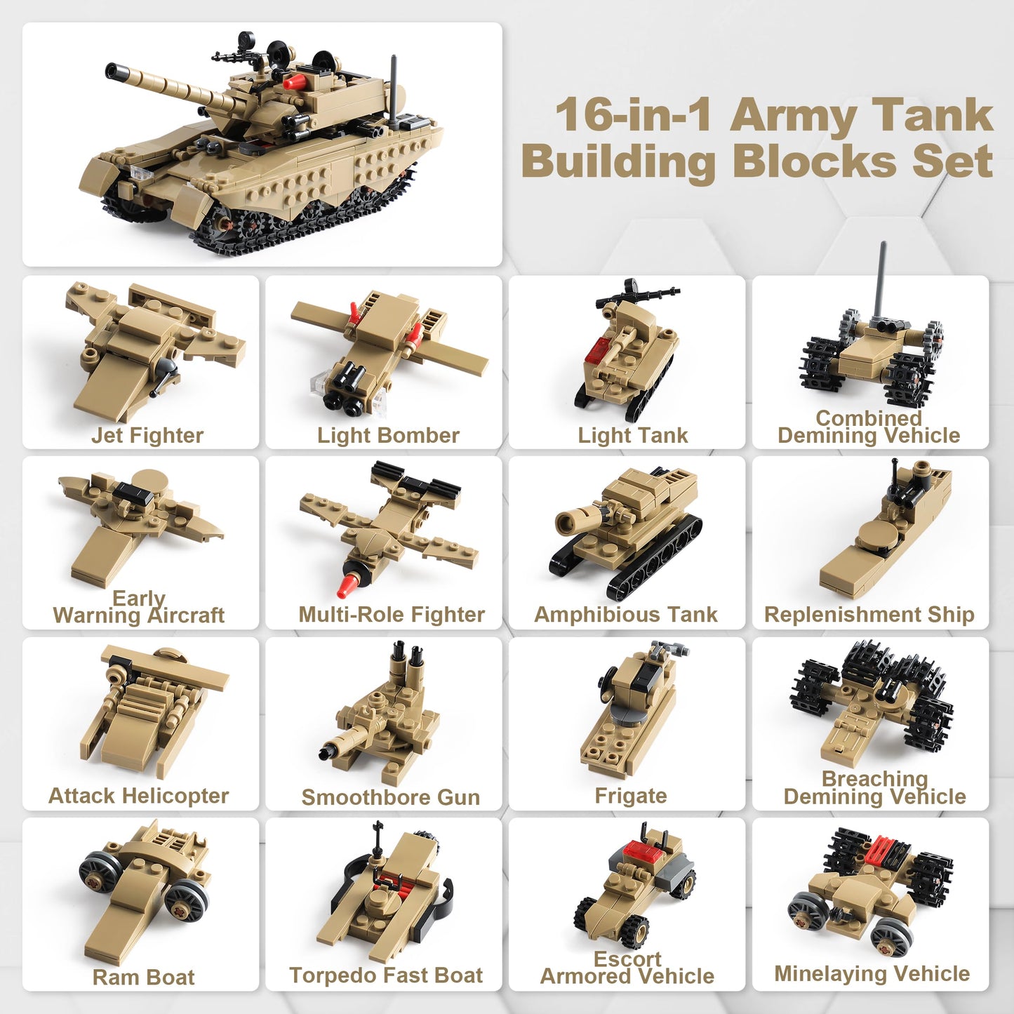 Army Tank Building Blocks Set Compatible with Lego, 517-Piece Military Toy for Kids, Build 1 Tank or 16 Mini Models, Birthday Gift Idea for Boys
