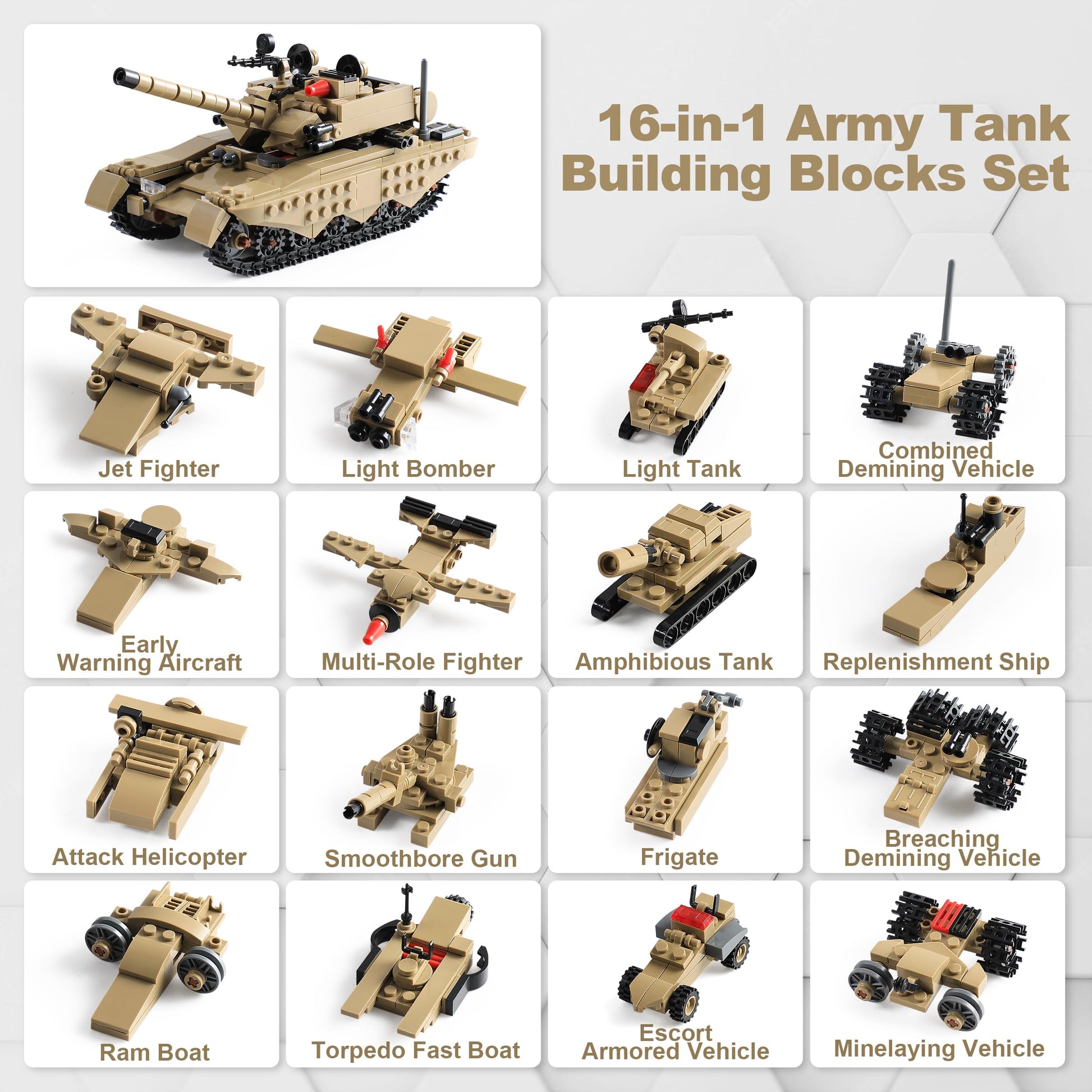 Army Tank Building Blocks Set Compatible with Lego, 517-Piece Military Toy for Kids, Build 1 Tank or 16 Mini Models, Birthday Gift Idea for Boys