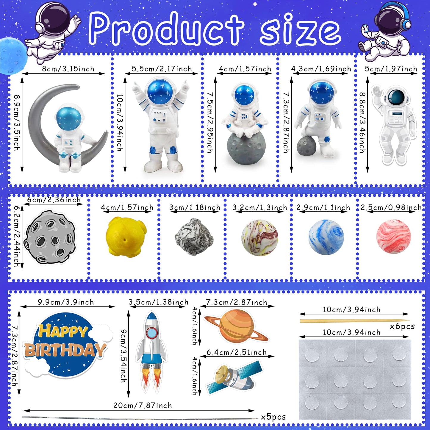 Astronaut Figurines Space Cake Toppers Astronaut Planet Rocket Satellite and Star Space DIY Cake Toppers for Space Theme Party Birthday Party Baby