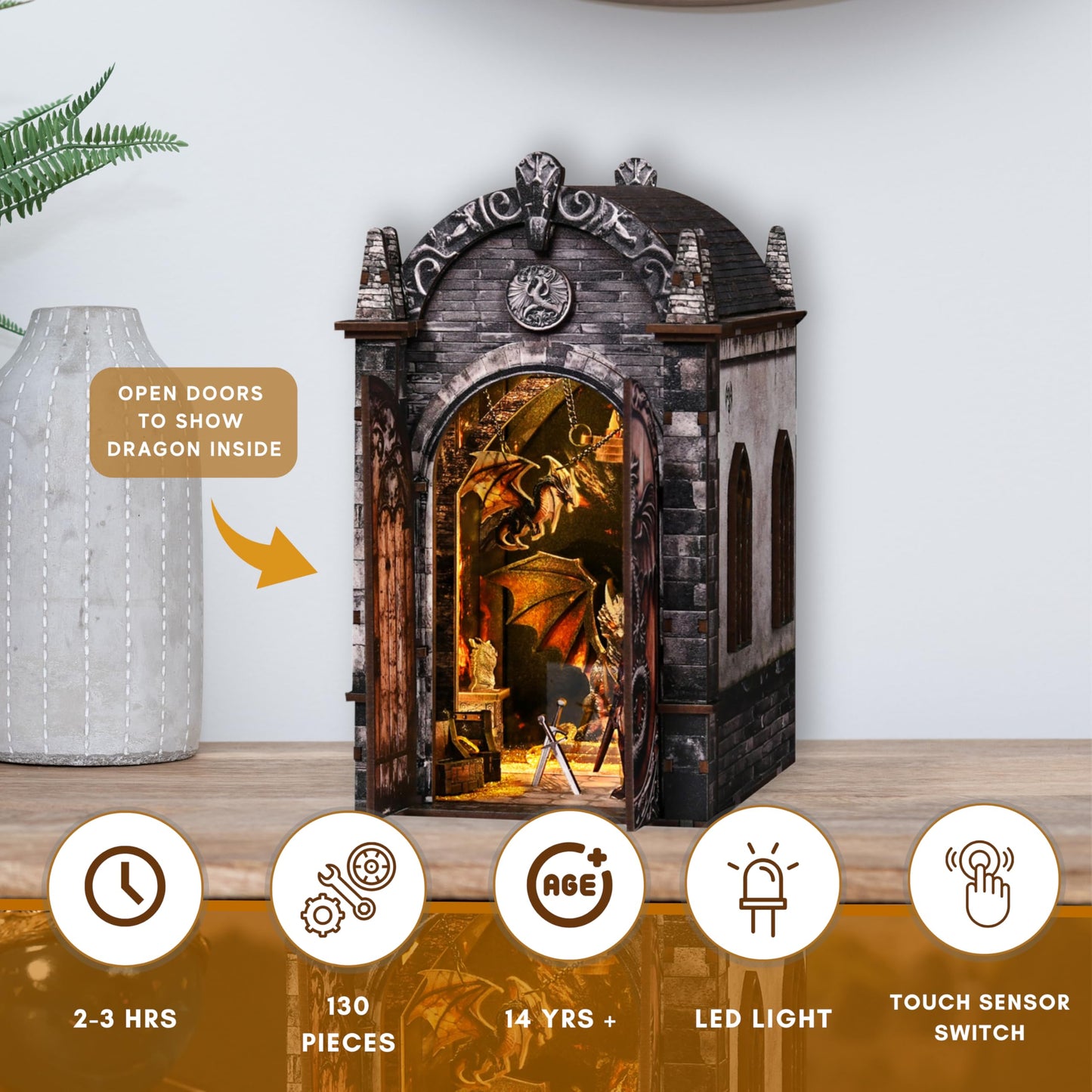 DIY Book Nook Kit, Dragons Treasure Labyrinth Miniature House Kit for Adults - 3D Wooden Puzzle Bookshelf Insert with LED Light, Touch Switch