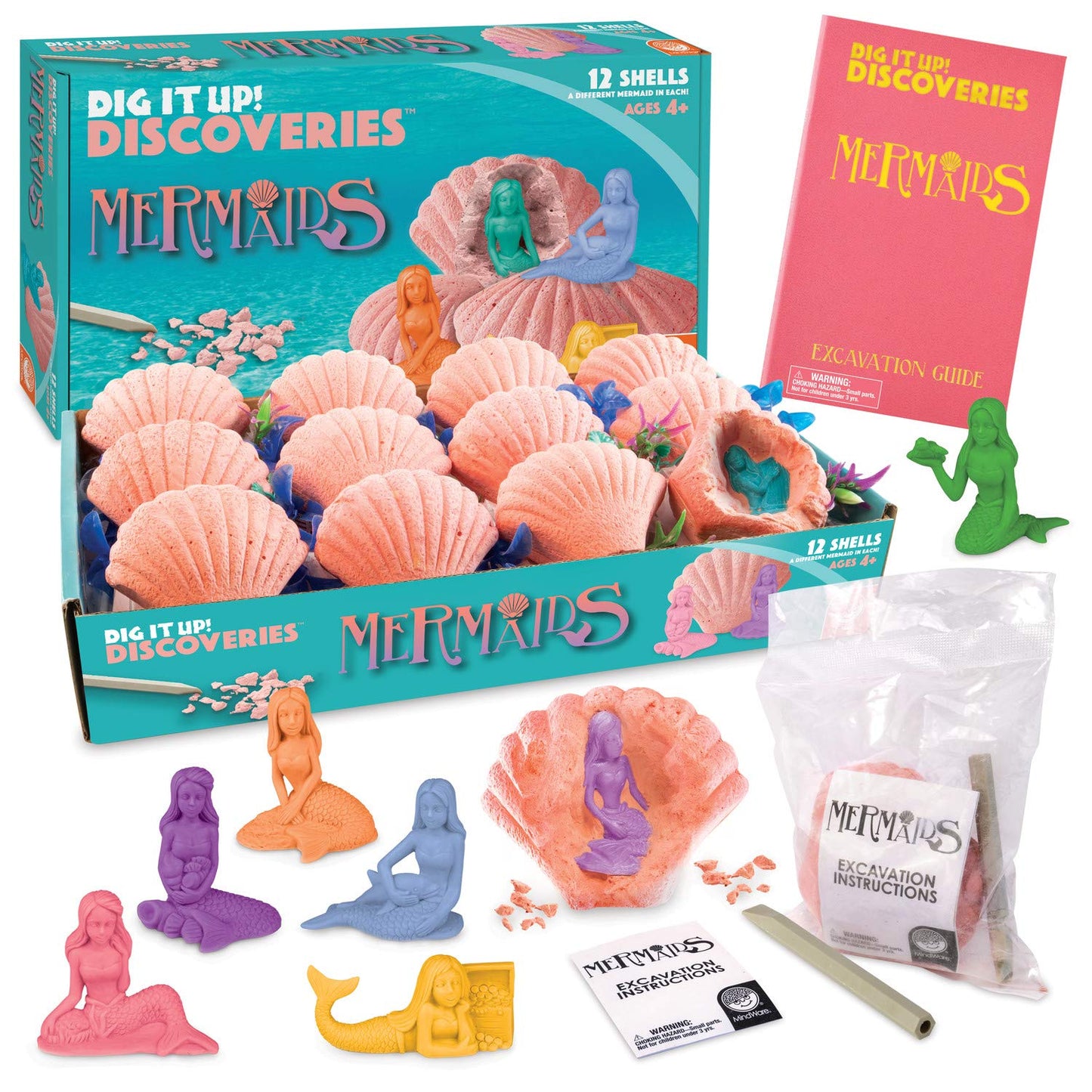 MindWare Dig It Up! Discoveries Mermaids - Dig Kits for Kids with 12 Sea Shells, Each with a Mermaid Toy Inside, 12 Chiseling Tools and Instructions