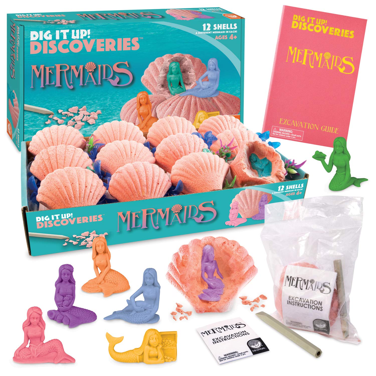 MindWare Dig It Up! Discoveries Mermaids - Dig Kits for Kids with 12 Sea Shells, Each with a Mermaid Toy Inside, 12 Chiseling Tools and Instructions
