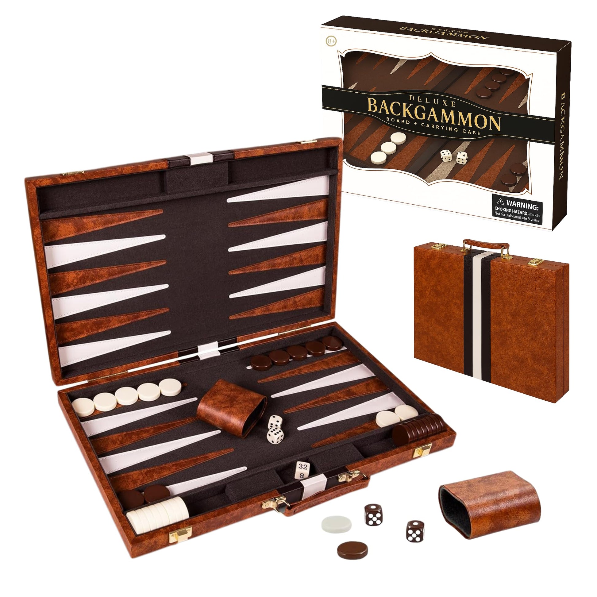 Premium Backgammon 18 Inches Large Brown - Backgammon Sets for Adults and Kids - Leatherette Back Gammon Board Game Set - Travel Backgammon Set Board