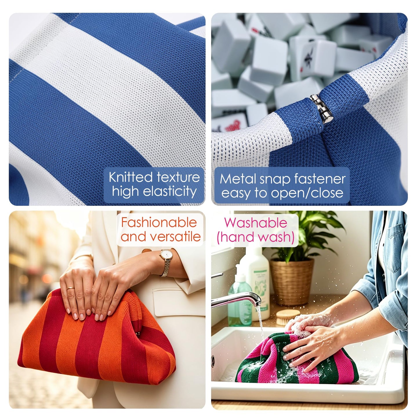 Xovnfp Mahjong Tile Bag, Knitted Mahjong Pouch with Snap Frame - Wide Opening Storage Carry Bag for Tiles