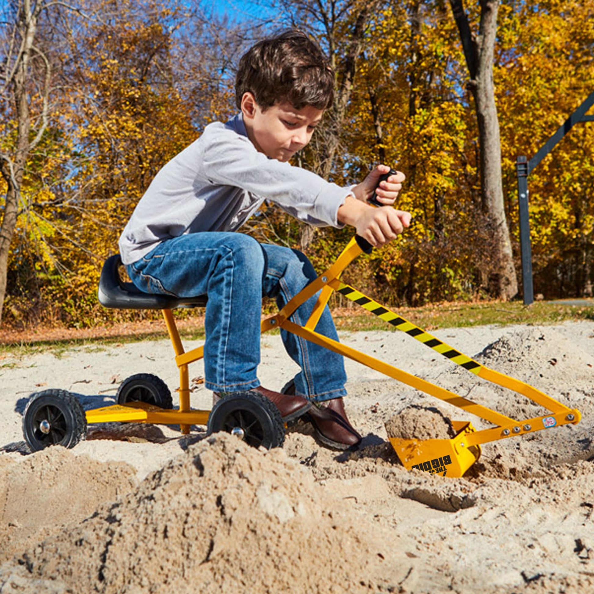 Big Dig Toy Excavator Ride, Sand Digger w/ 360 Rotation Base for Kids Ages 3 & Up, Yellow - Outdoor Playground and Beach Construction Riding Toys