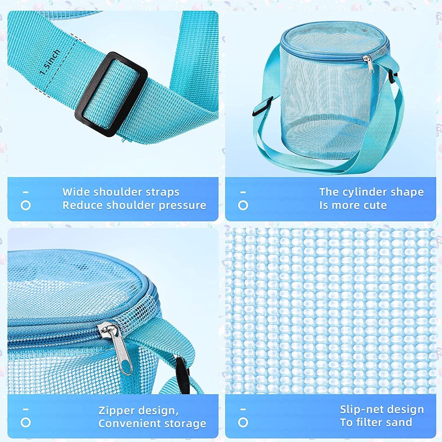 CDLV 4 Pack Beach Bags for Kids, Beach Mesh Shell Bag with Adjustable Straps and Zipper for Picking Up Shells Beach Toys