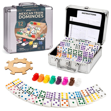 Playbees Mexican Train Dominoes Set Double 12 - 91 Color Dot Tiles, 9 Train Markers, Hub, Scorepads & Aluminum Case, Family Game Night, Travel