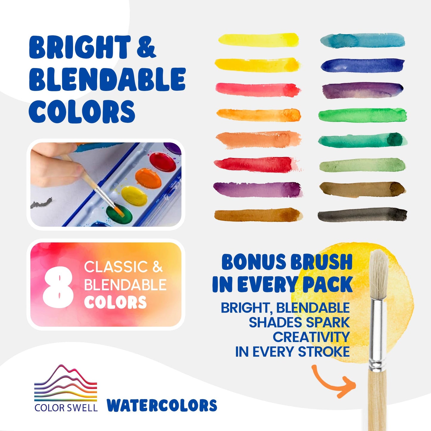 Color Swell Bulk Watercolors Paint Pack with Wood Brushes - 36 Sets with 8 Washable Colors Each - Perfect for Kids, Classrooms, Parties, Students