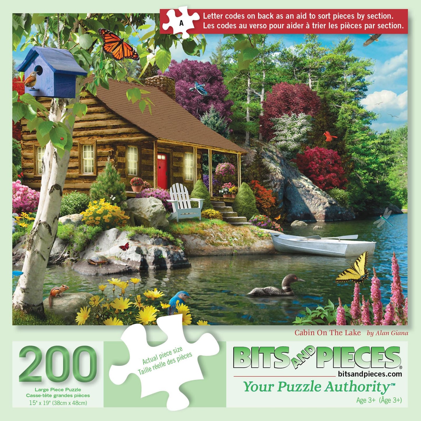 Bits and Pieces - Jigsaw Puzzle for Adults and Seniors - Cabin on The Lake - Large Lettered Pieces Colorful Scenic Jigsaw (200 Piece Puzzle)