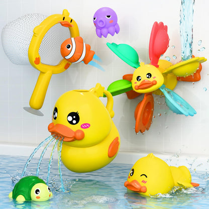 iPlay, iLearn Baby Duck Bath Toy, Toddler Bathtub Shower Toy W/ Suction Spin Gear, Floating Animals, Fishing Net Pool Water Play, Birthday Easter Gift