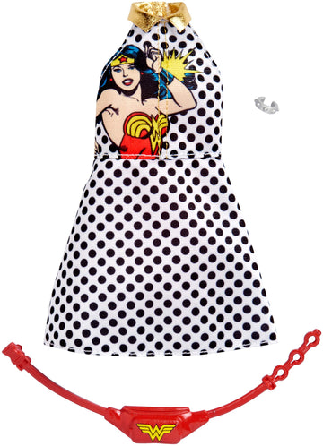 Barbie Clothes: Wonder Woman Outfit Doll, Graphic Polka-Dotted Dress, Fanny Pack and Bangle, Gift for 3 to 8 Year Olds
