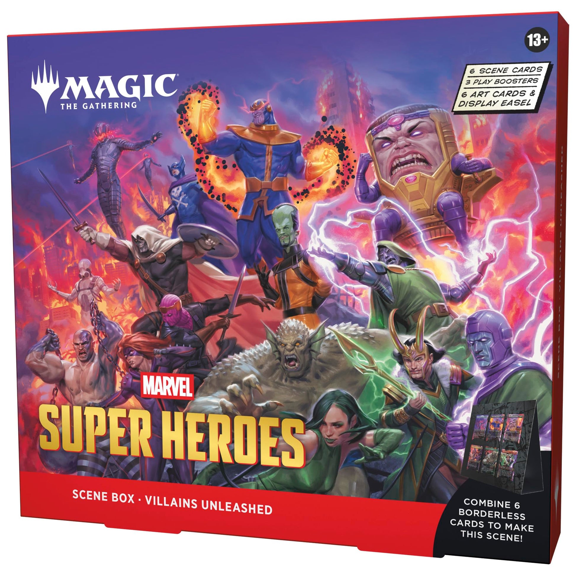 Magic: The Gathering | Marvel Super Heroes Scene Box - Villains Unleashed | 6 Foil Borderless Scene Cards, 6 Art Cards, 3 Play Boosters + Display