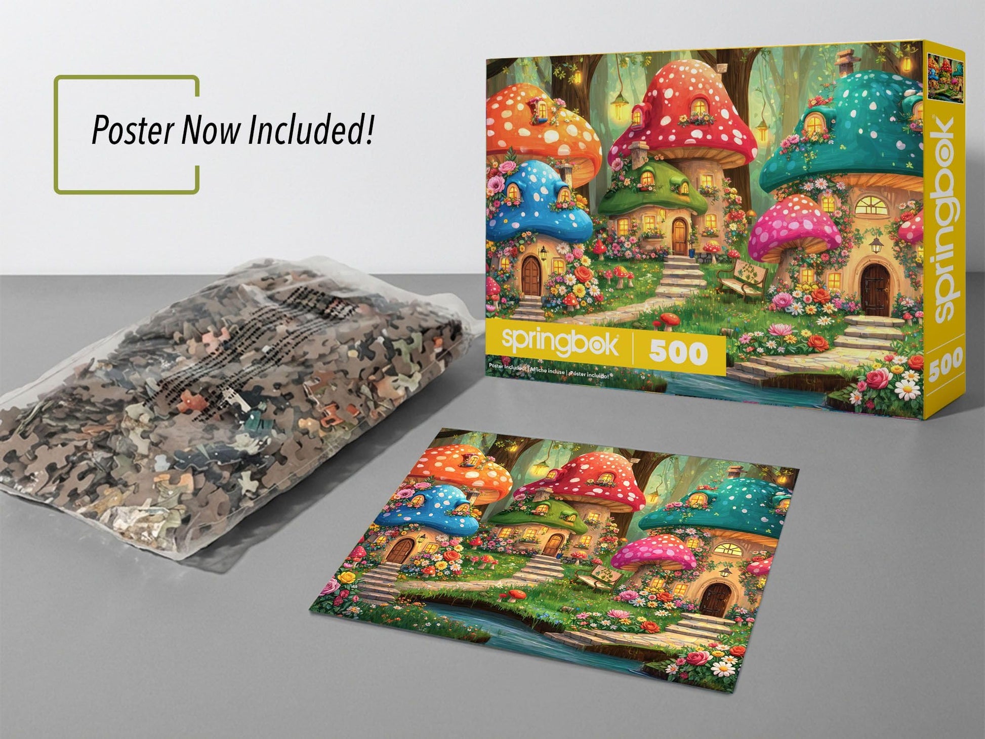 Springbok Magical Shroom Villa 500 Piece Jigsaw Puzzle for Adults - Whimsical Mushroom Cottage Fantasy Scene - Poster Now Included - Cozy Fairytale