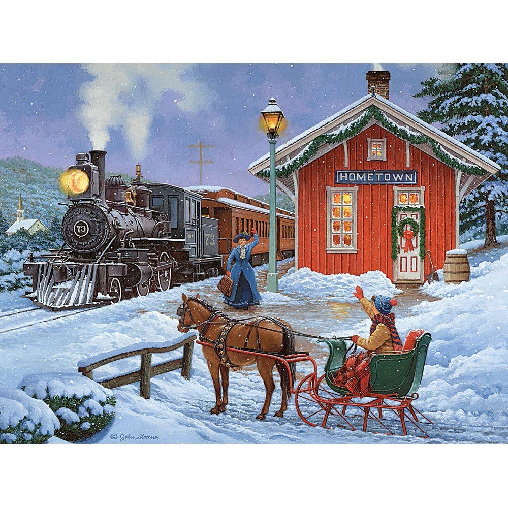 Bits and Pieces - Large 300 Piece Glow in The Dark Jigsaw Puzzle for Adults - Home for The Holidays by Artist John Sloane - Christmas Reunion