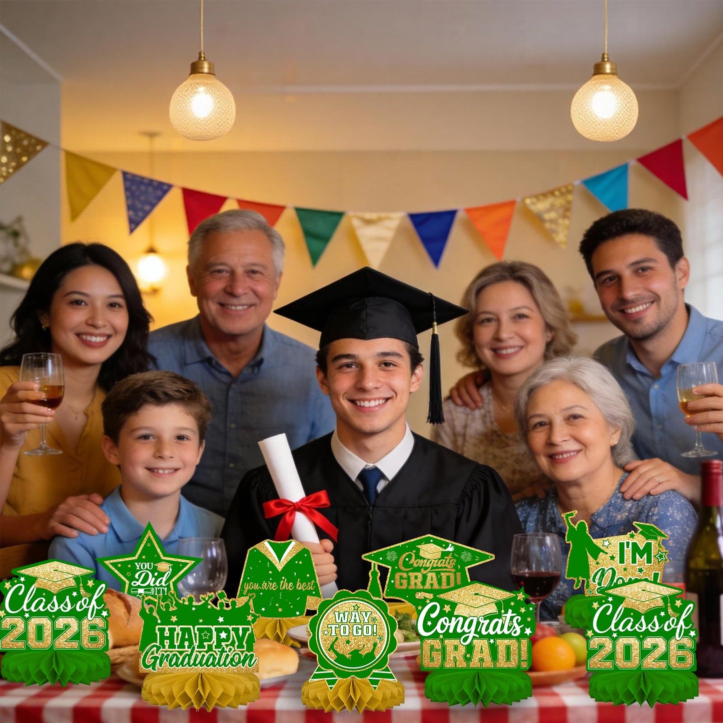 Green and Gold 8 Pieces Graduation Table Decorations, Class of 2026 Congrats Grad Honeycomb Centerpieces, GRAD Table Toppers Decor for Graduation