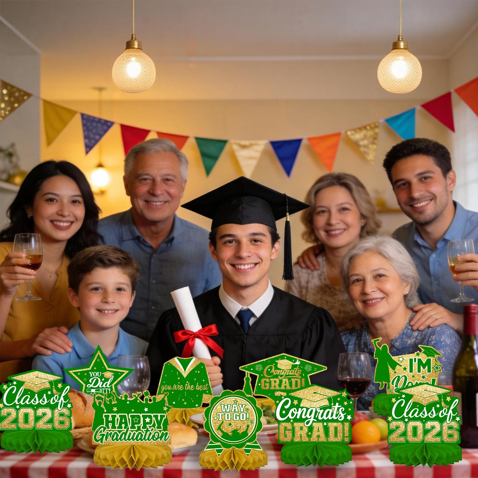 Green and Gold 8 Pieces Graduation Table Decorations, Class of 2026 Congrats Grad Honeycomb Centerpieces, GRAD Table Toppers Decor for Graduation