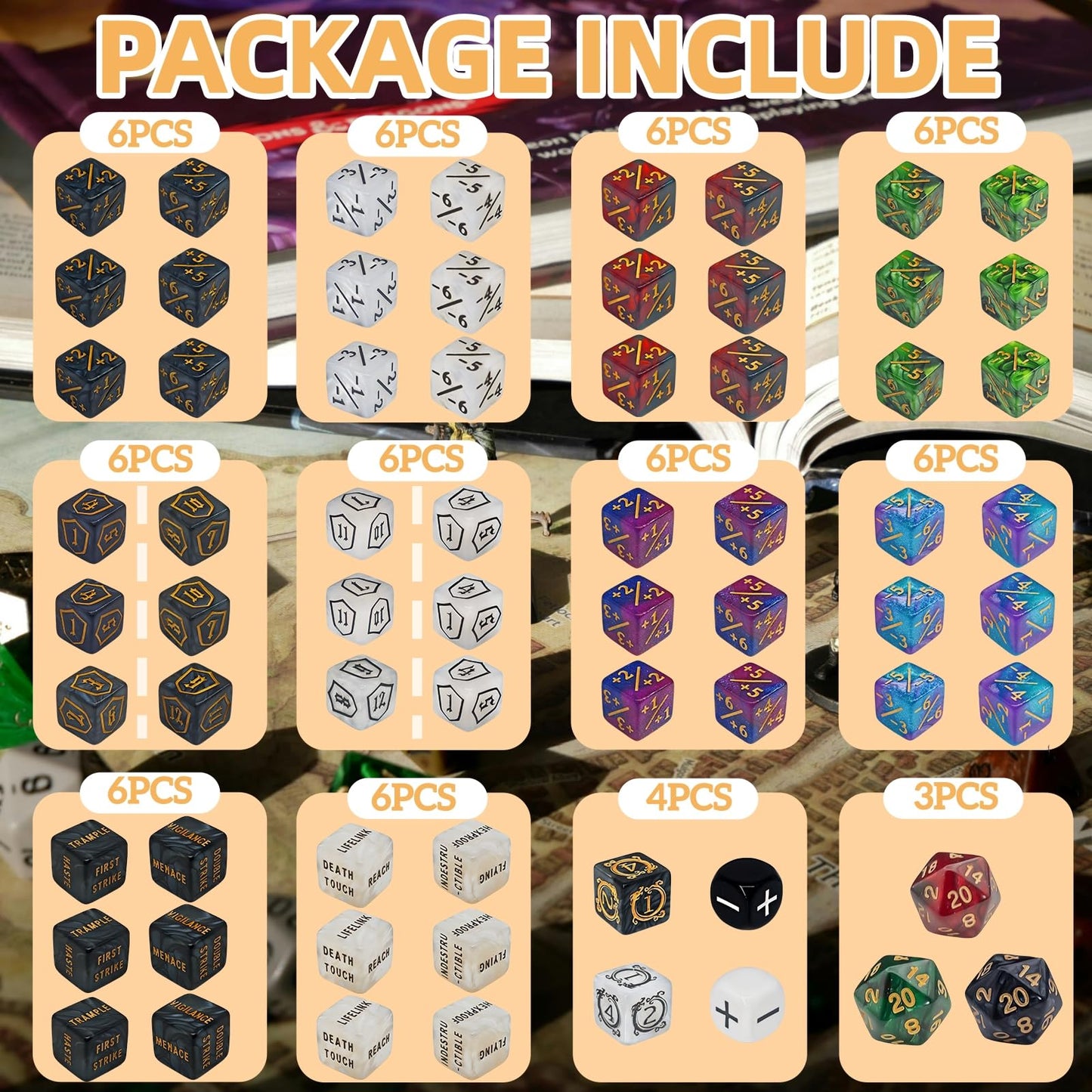 67 PCS MTG Counter Dice Set - Ability Keyword Counters, -1/+1 & Shield Life Counters, Creature Stat Buffs, Colorful D6 Dice, Dragon Design Dice