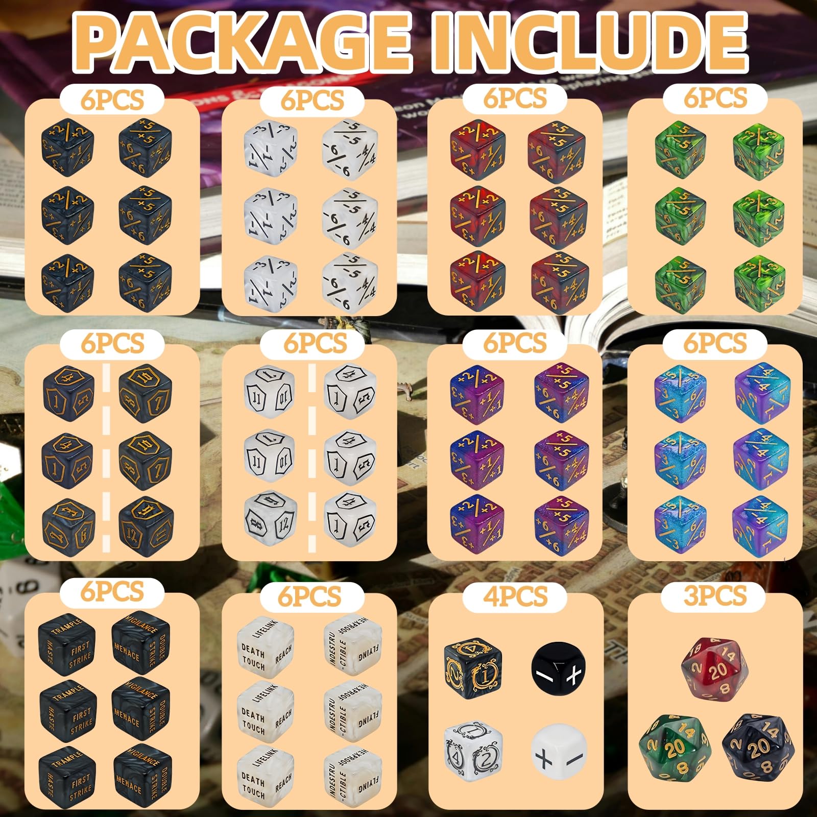 67 PCS MTG Counter Dice Set - Ability Keyword Counters, -1/+1 & Shield Life Counters, Creature Stat Buffs, Colorful D6 Dice, Dragon Design Dice