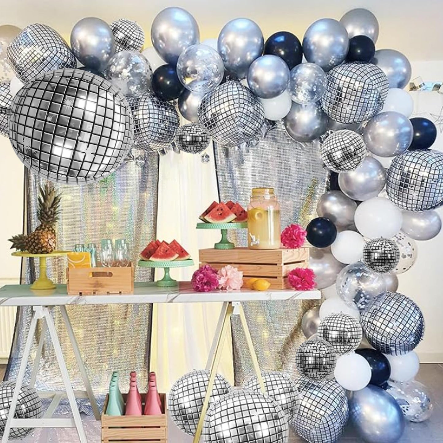 30 PCS Disco Ball Balloons Different Sizes- 4D Large Disco Balloons 10 Inch 15 Inch 18 Inch 22 Inch Assorted Round Metallic Silver Disco Balloons