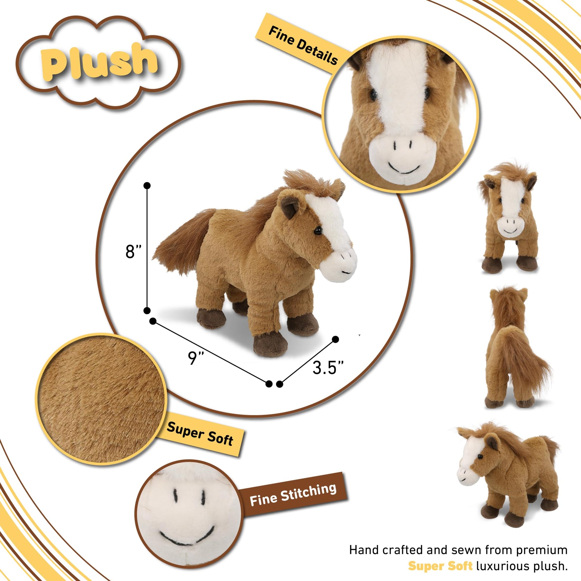 DolliBu Standing Brown Horse Plush - Super Soft Stuffed Animal Horse, Cute Realistic Stuffed Animal Toy for Boys and Girls, Adorable Plush Toy Gift