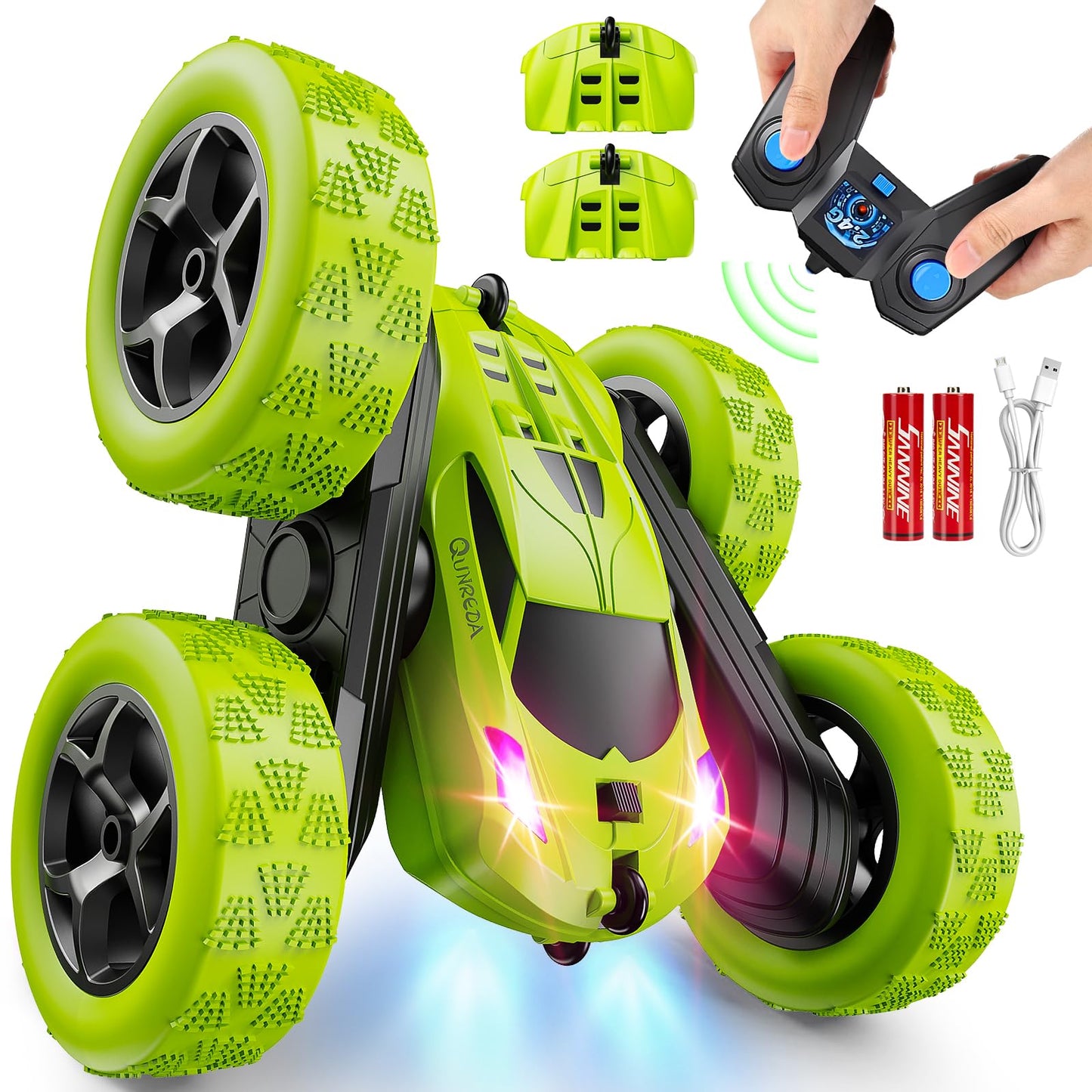 QUNREDA Remote Control Car for Kids Ages 6+, RC Cars Stunt Car Toy 4WD Double Sided 360° Rotating Remote Control with Headlights, Birthday Xmas Gifts