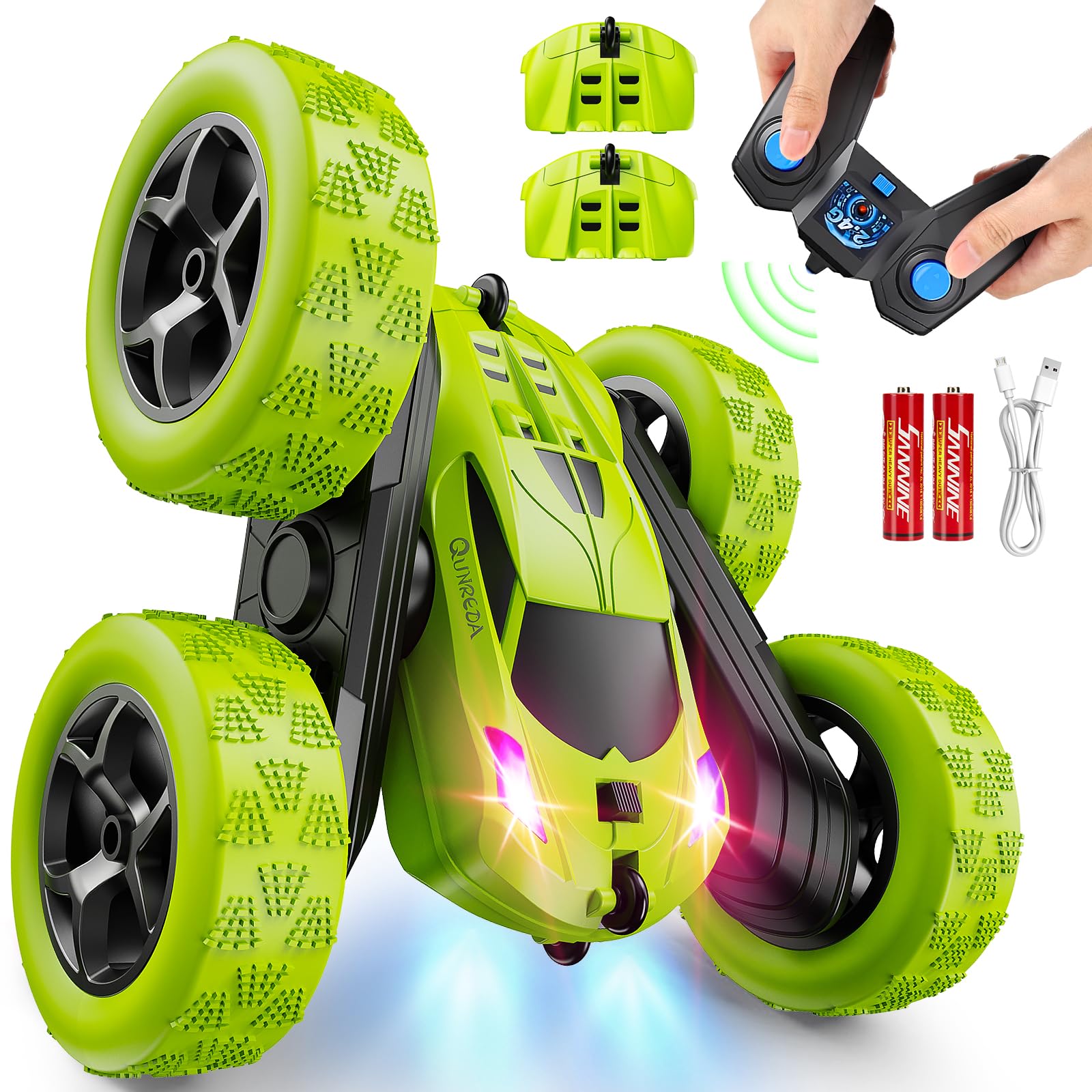 QUNREDA Remote Control Car for Kids Ages 6+, RC Cars Stunt Car Toy 4WD Double Sided 360° Rotating Remote Control with Headlights, Birthday Xmas Gifts