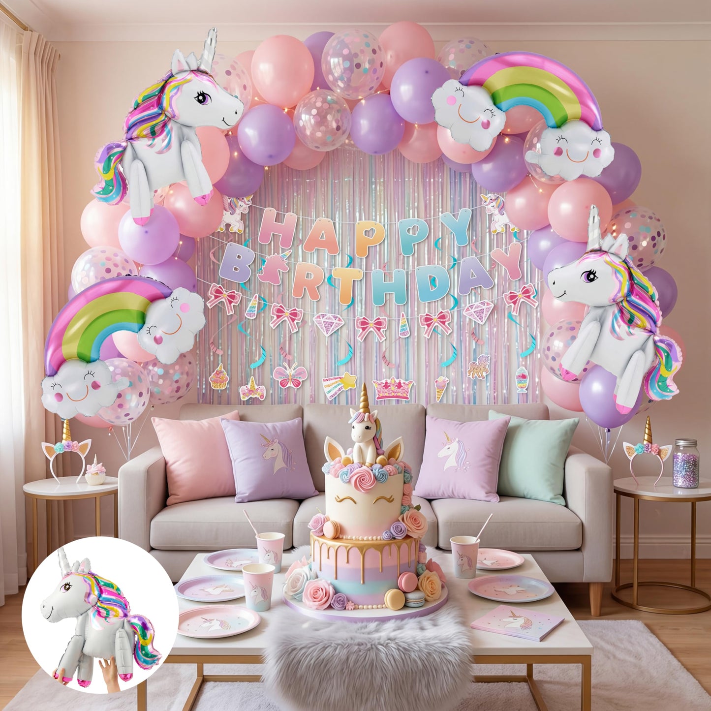 JOYIN Unicorn Magical Rainbow Birthday Party Decorations, 76PCS Unicorn Party Supplies with Banner, Foil & Latex Balloons, Spiral Swirls and Tinsel