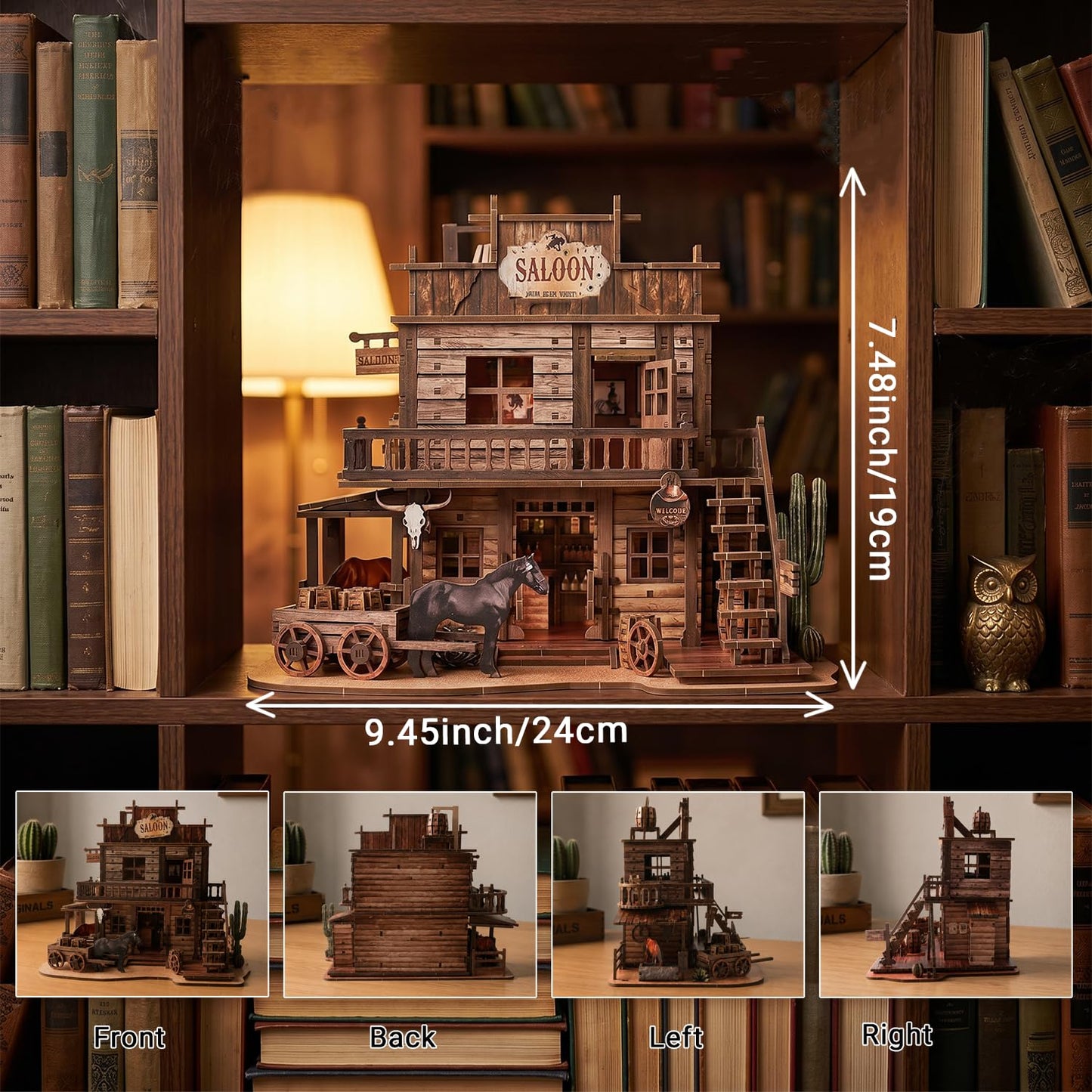 Benlarky 3D Wooden Puzzle for Adults Western Saloon Miniature House Kit, 450 PCS DIY Bookshelf Decor, Wild West Book Nook Building Kit Wood Craft