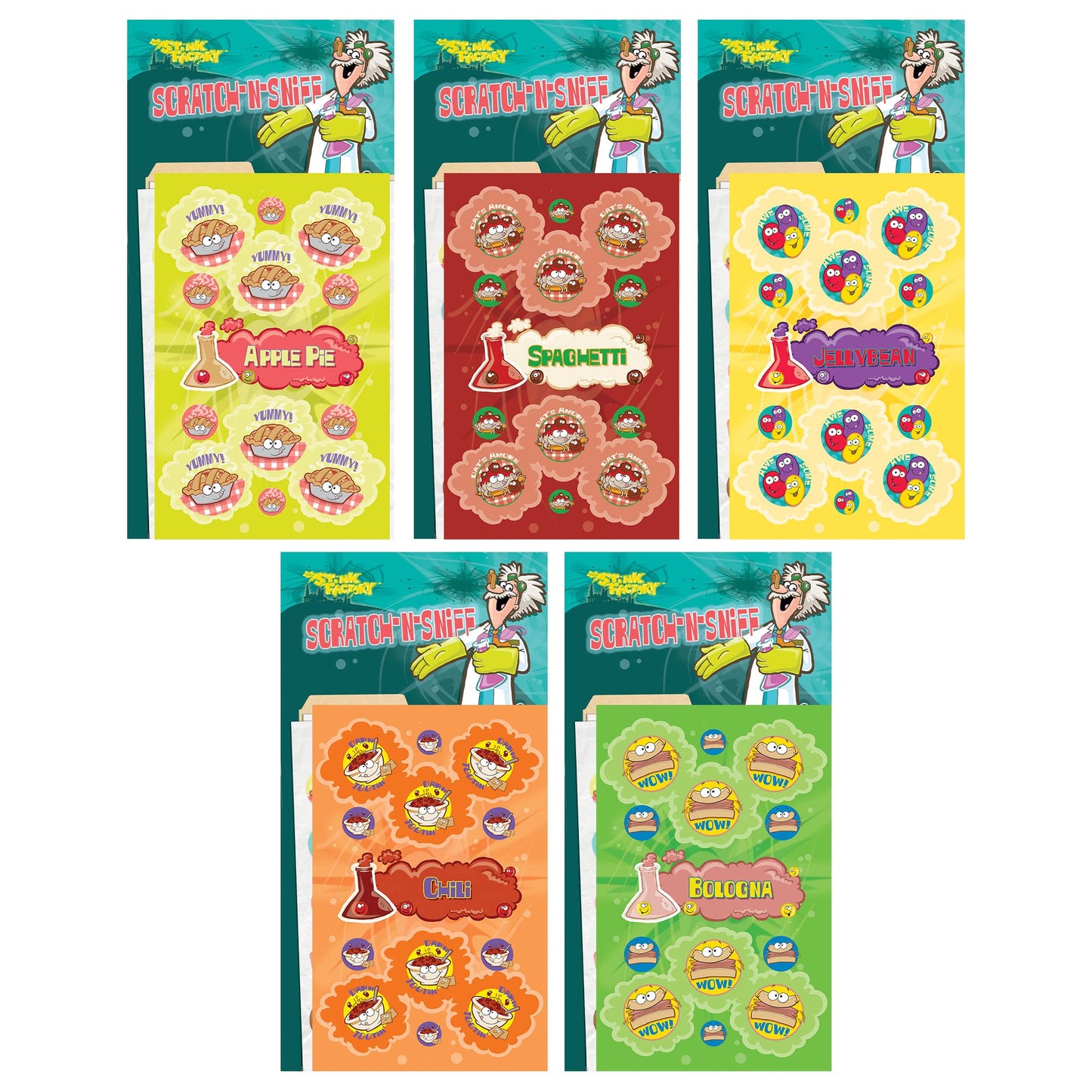 Just For Laughs Dr. Stinky's Scratch N Sniff Stickers 5-Pack, Chili, Apple Pie, Bologna, Spaghetti, Jelly Beans, 135 Total (Series 4)