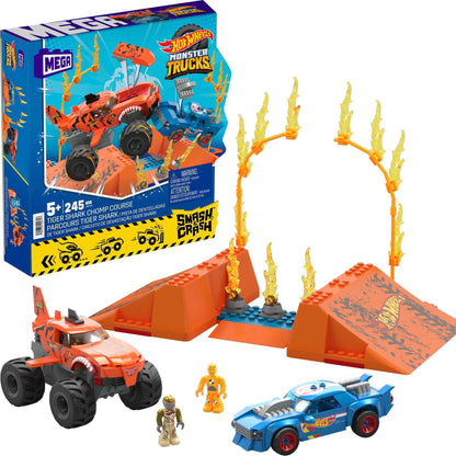MEGA Hot Wheels Monster Trucks Toy Building Set, Smash & Crash Tiger Shark Chomp Course with 245 Pieces, 2 Micro Figure Drivers, Orange, Age 5+ Years