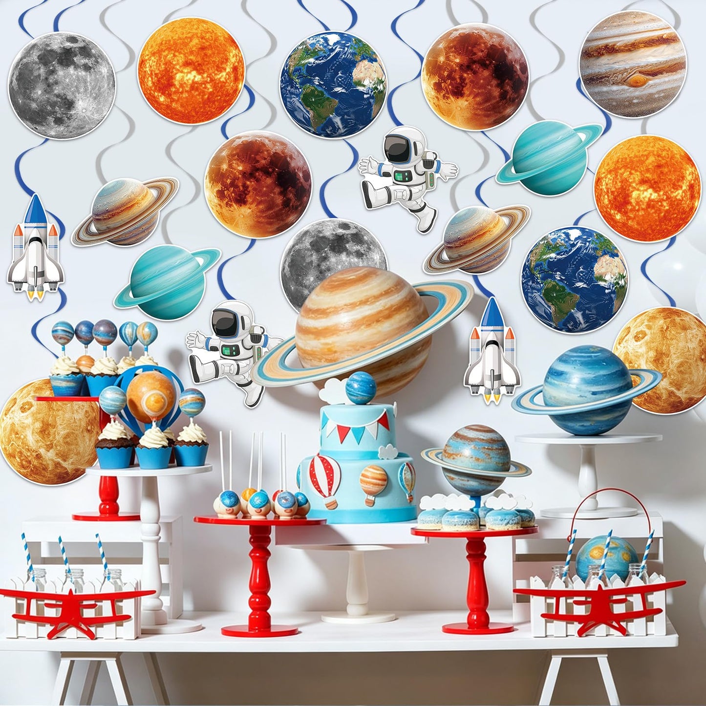 40Pcs Space Solar System Hanging Swirl Decorations, Outer Space Party Decoration Hanging Swirl Planet Astronaut Ceiling Hanging Decorations for Party