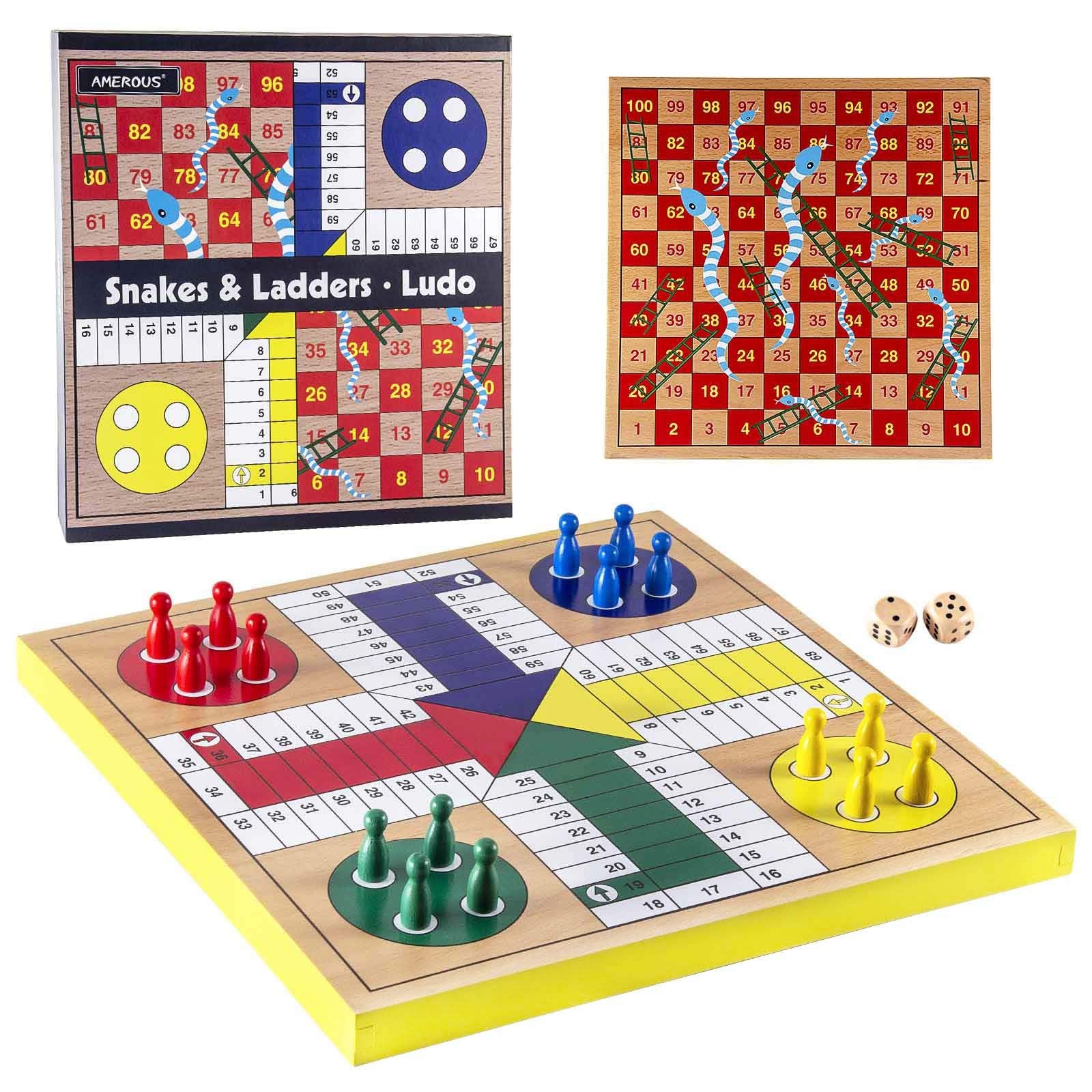 AMEROUS 12 inches Wooden Ludo Board Game - Snakes and Ladders, 2 in 1 Reversible, 1-4 Players Family Dice Games Set for Kids, Adults, Classics