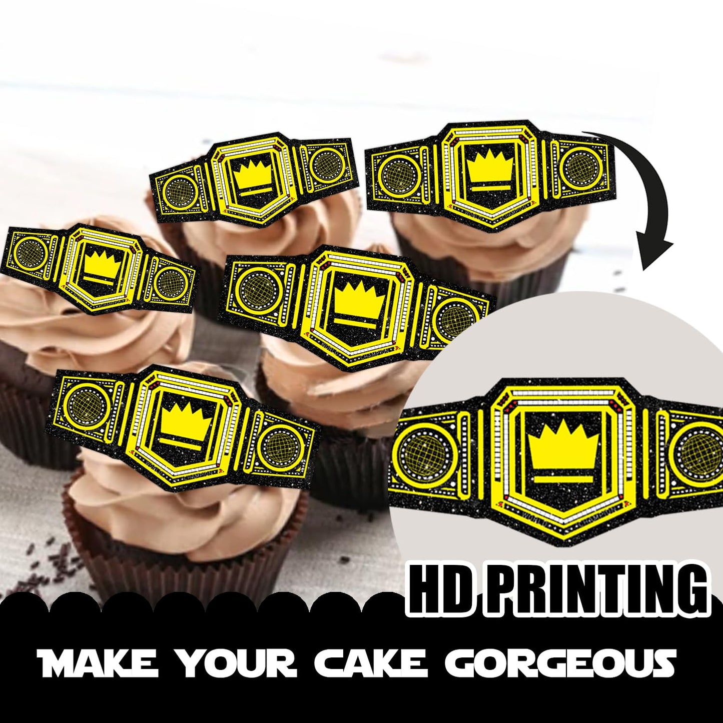 18pcs Gold Glitter Heavyweight Belt Dessert Cupcake Topper Wrestling Sport Champion Theme Decor Supplies Men Women Happy Birthday Anniversary Party