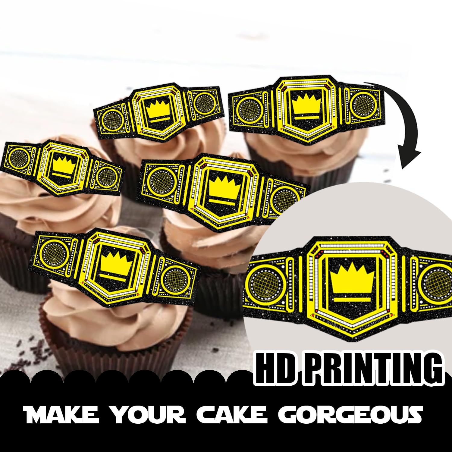 18pcs Gold Glitter Heavyweight Belt Dessert Cupcake Topper Wrestling Sport Champion Theme Decor Supplies Men Women Happy Birthday Anniversary Party