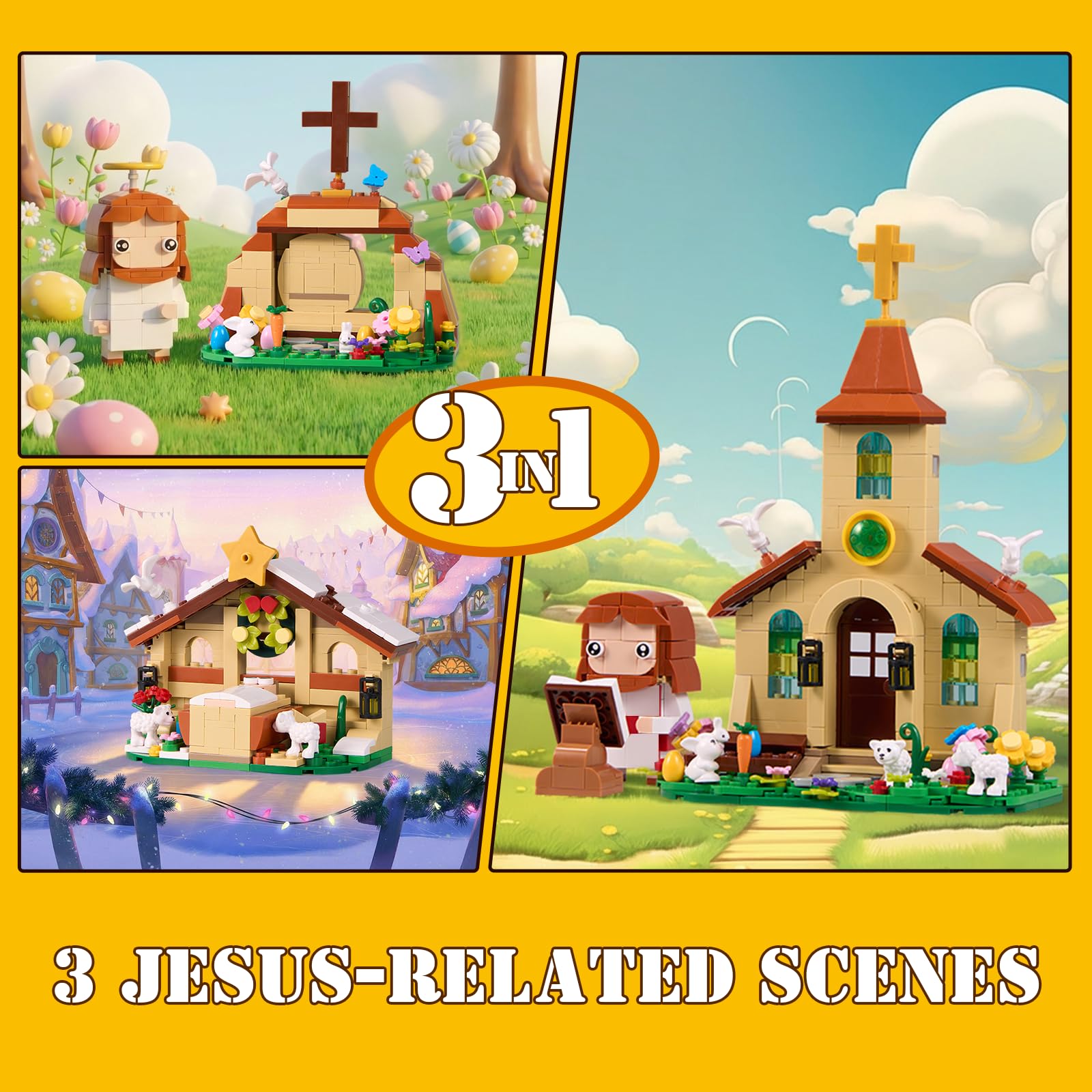 Jesus 3 in 1 Building Block Toy Set Compatible with Lego, Easter Nativity Scene Church Missionary and Resurrection, Religious Cross Jesus Figure