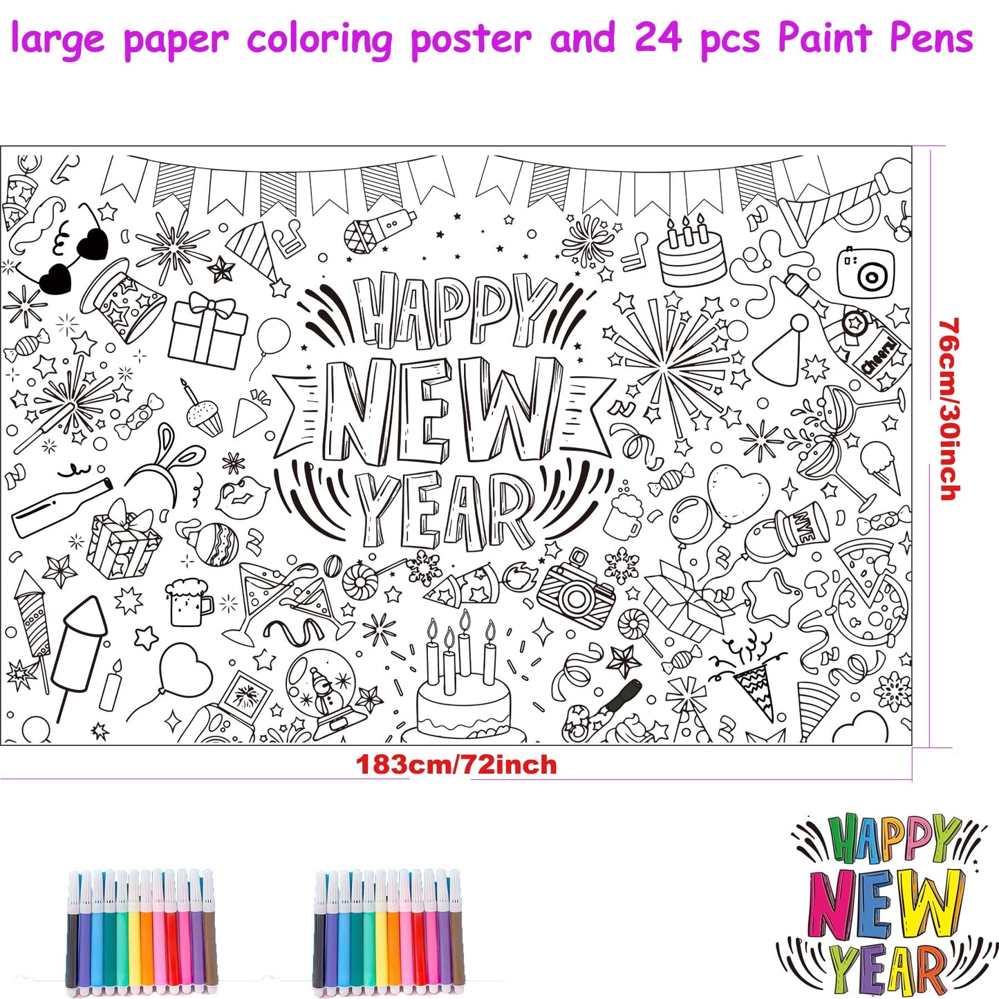 Ansoufien Happy New Year Giant Coloring Poster, 72 x 30 Inches Large Paper Tablecloth with 24 Paint Pens (12 Colors), DIY Party Activity Art Craft