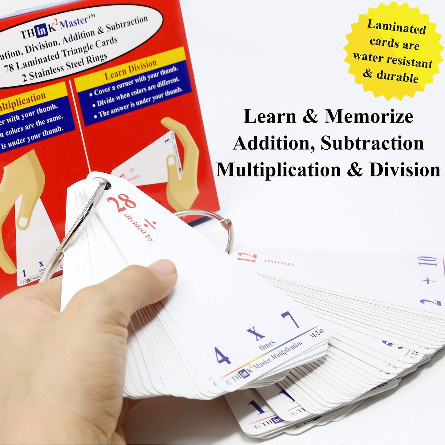 Think2Master Premium Laminated Multiplication Division Addition & Subtraction Triangle Flash Cards | 78 Dry Erasable Flashcards. Includes 2 Rings.