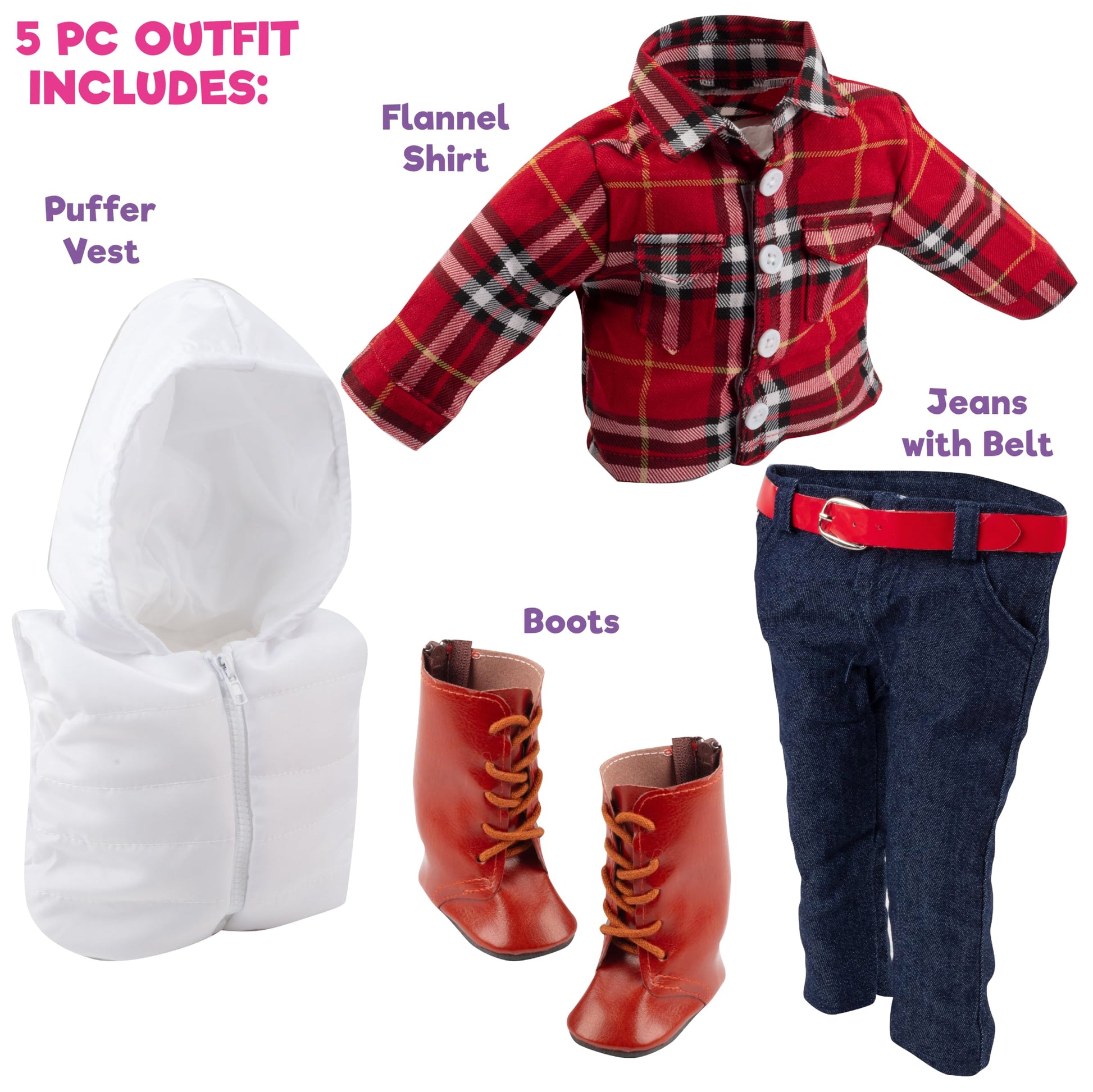 Fall & Winter Hiking Outfit for 18-Inch Dolls - 4-Piece Adventure Set Includes Puffy Vest, Long Sleeve Flannel Shirt, Leggings, and Hiking Boots