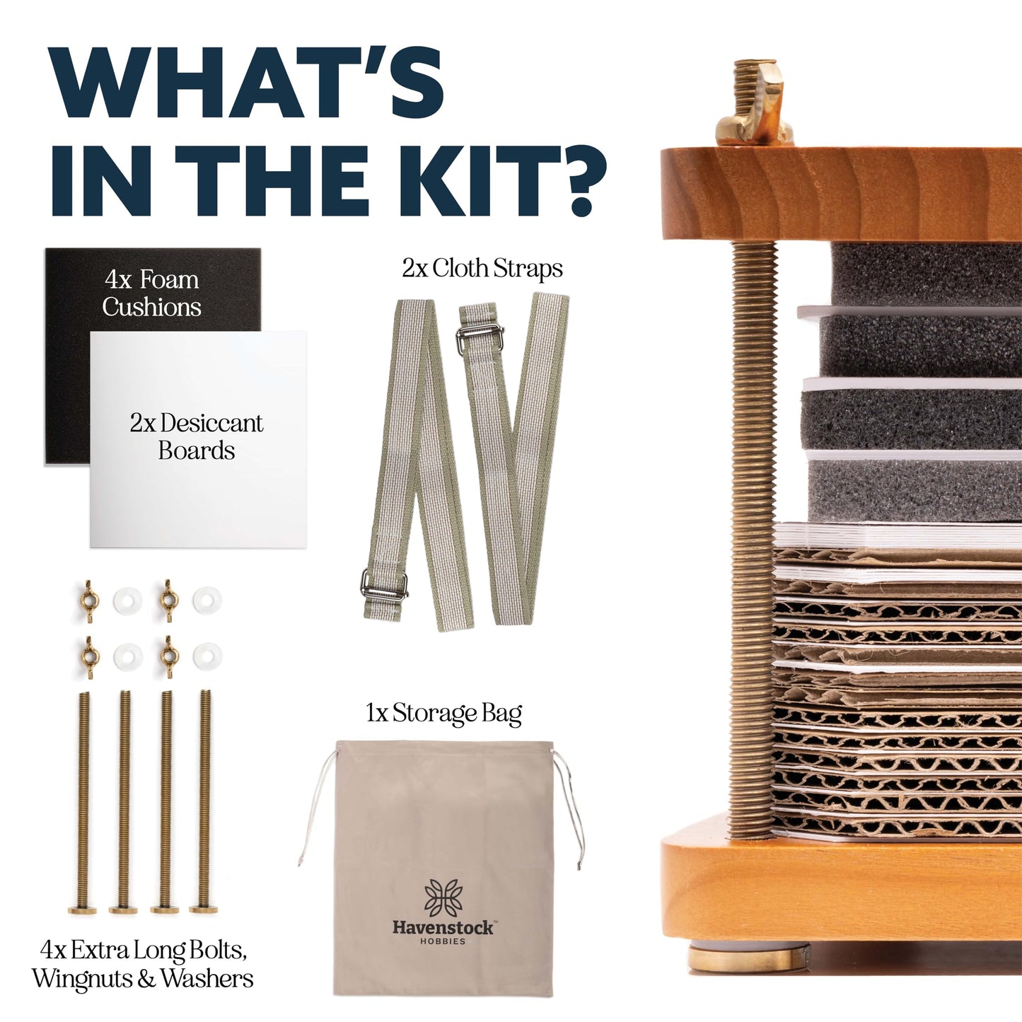 Flower Press Expansion & Accessory Kit (Press not included) - Extra Long Bolts, Silicone Washers, Travel Straps, Foam, Dessicant Boards, & Storage Bag