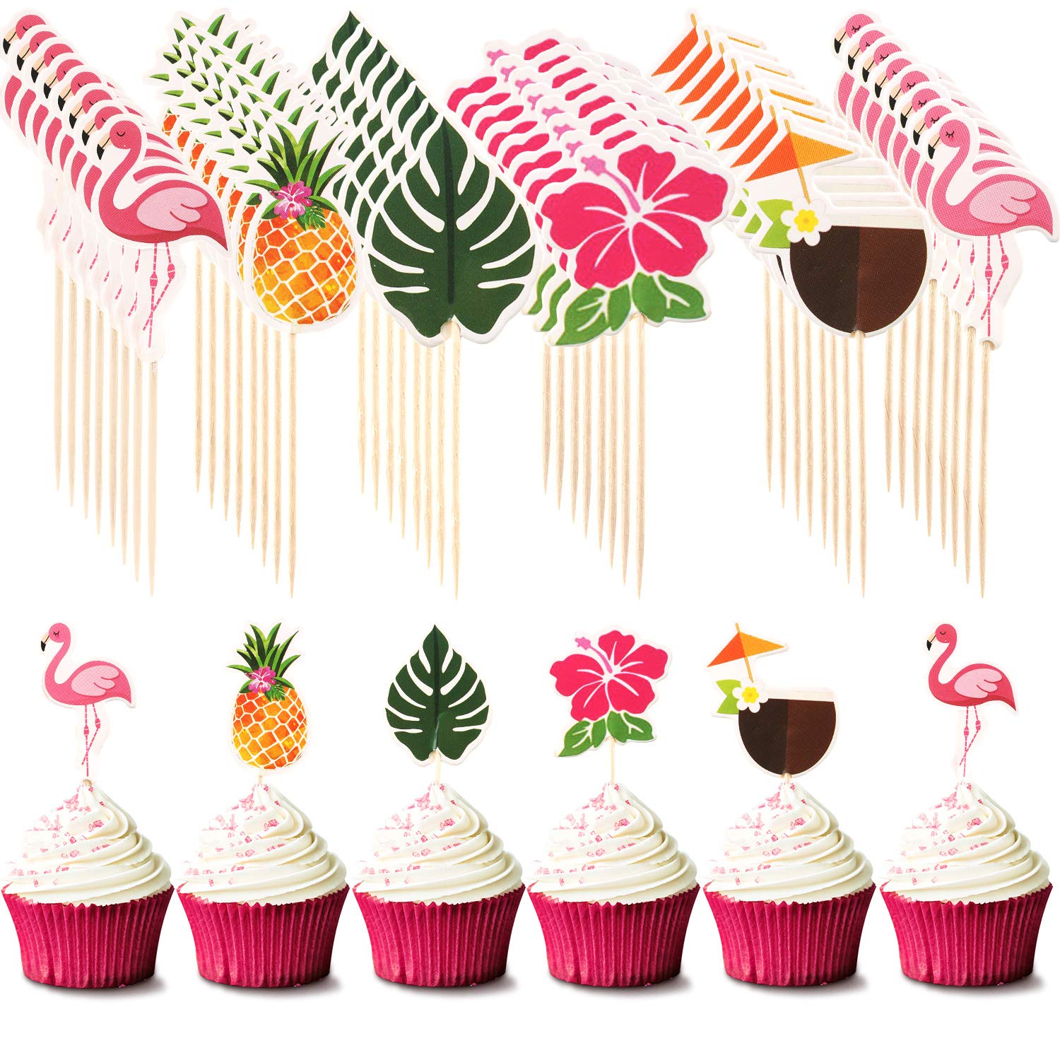 Maitys 72 Pcs Luau Cupcake Toppers Tropical Cake Decorations Hawaiian Toothpicks with Flamingo Pineapple Palm Leaves Shape Picks for Summer Beach