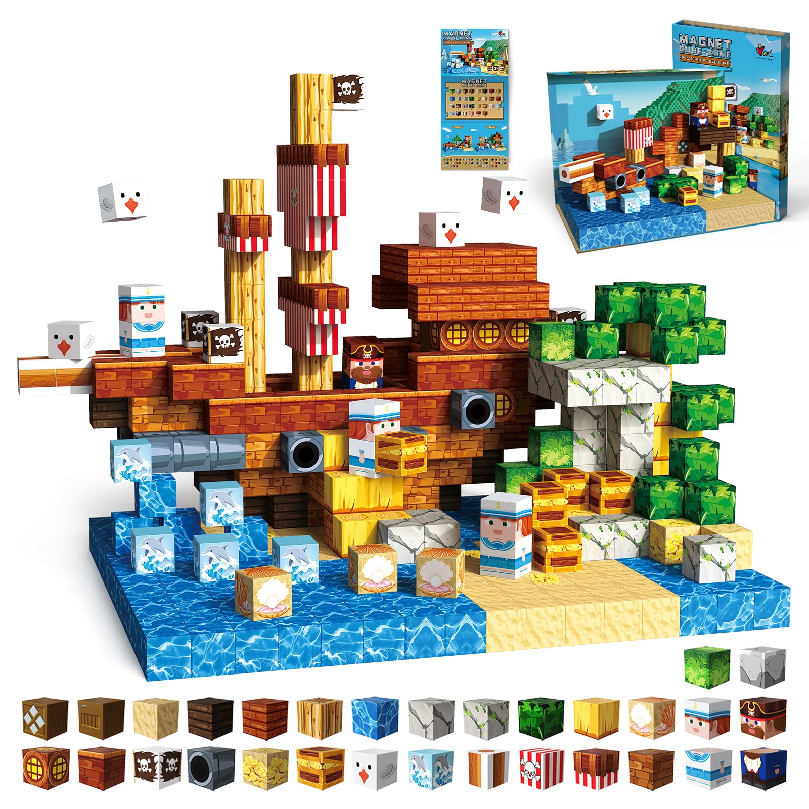 FunsBloomify Magnetic Blocks 100PCS Pirate Ship | STEM Educational Building Toys for Kids Age 3+, Creative Stacking Construction Set with 0.8in Magnet