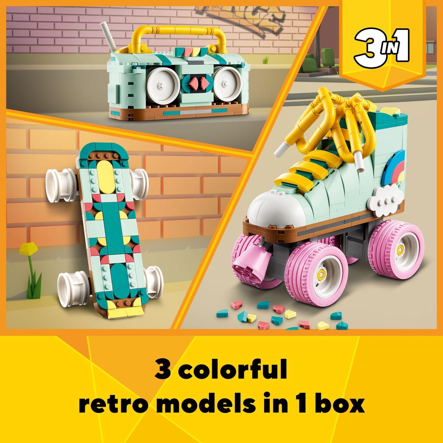 LEGO Creator 3 in 1 Retro Roller Skate Building Kit, Transforms from Roller Skate Toy to Mini Skateboard to Boom Box Radio, Birthday Gift for Skaters