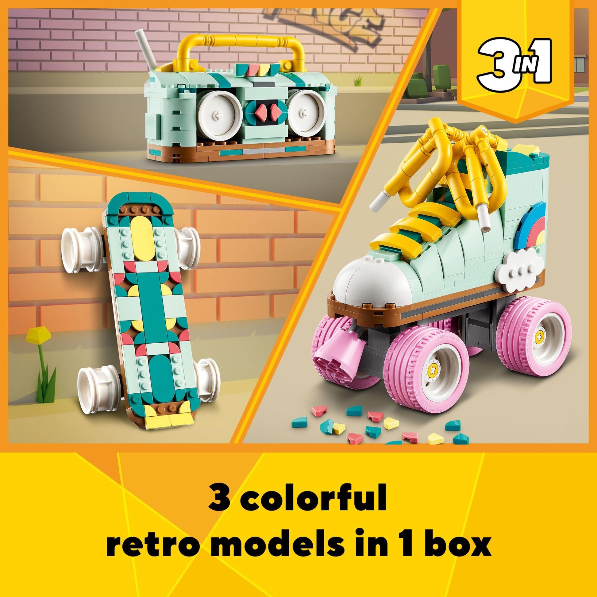 LEGO Creator 3 in 1 Retro Roller Skate Building Kit, Transforms from Roller Skate Toy to Mini Skateboard to Boom Box Radio, Birthday Gift for Skaters