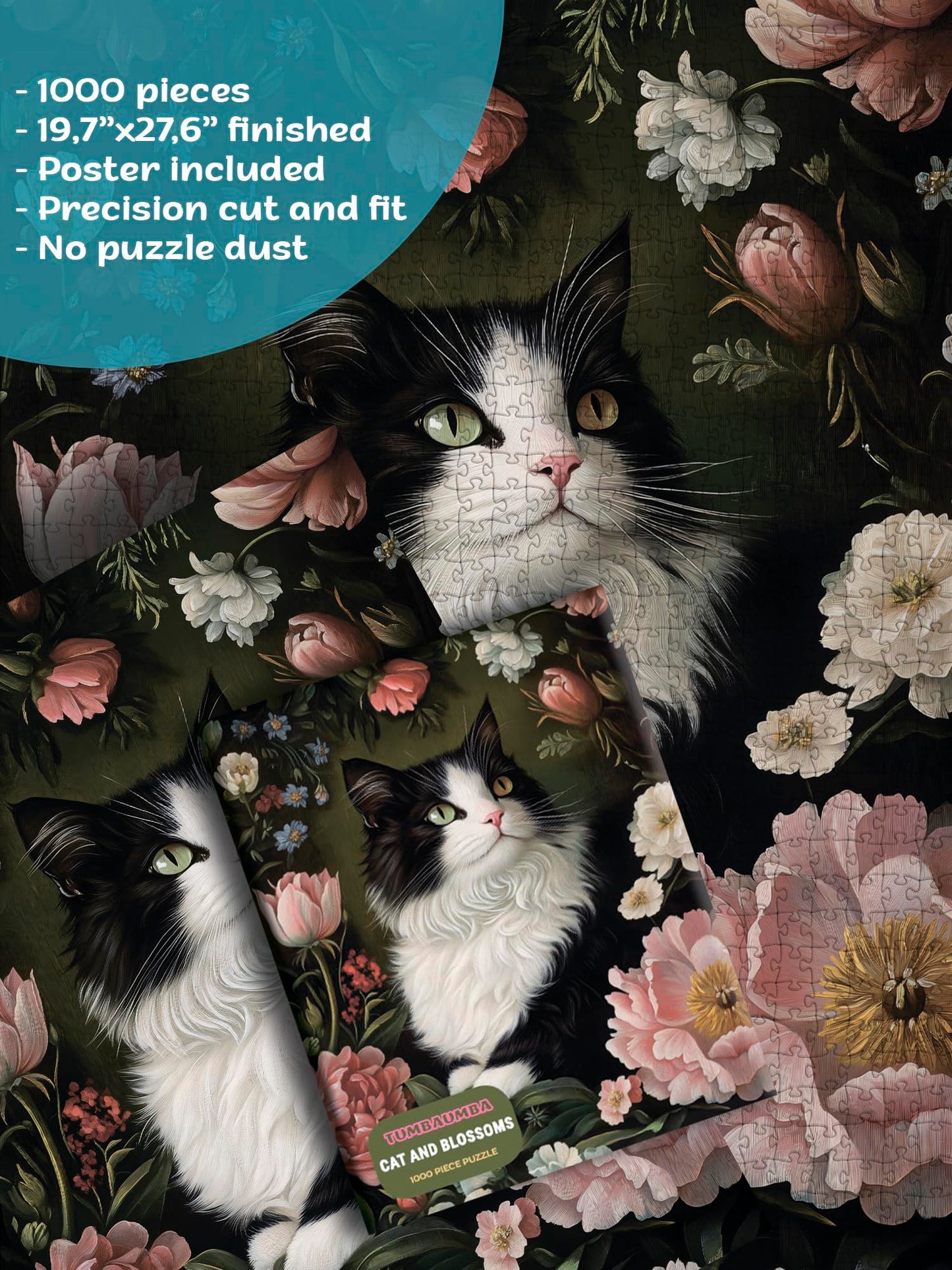 Cat in Blossoms, 1000 Piece Puzzle for Adults, Hard Challenging Jigsaw Puzzle with Bonus Poster Included. Vintage Cat and Flowers Puzzle. TumbaUmba