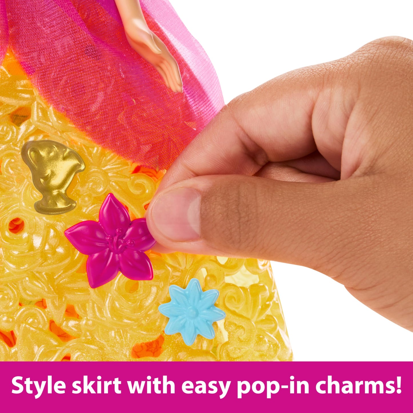 MATTEL Disney Princess Flower Fashion Belle Doll With 20 Charms, Customizable Skirt & Storage Case