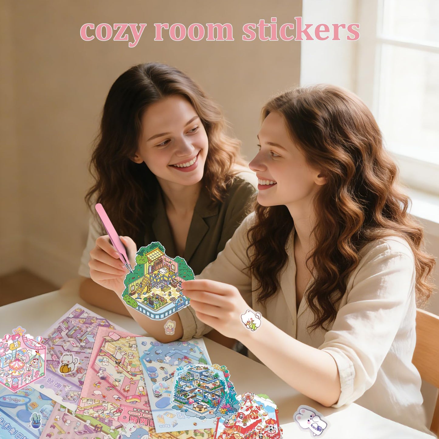24 Sets 3D Sticker Scene, Sticker Therapy DIY, Kawaii 3D Stickers for Adults, Build Your Own Scene Stickers Collection Cozy Room Cute Miniature House