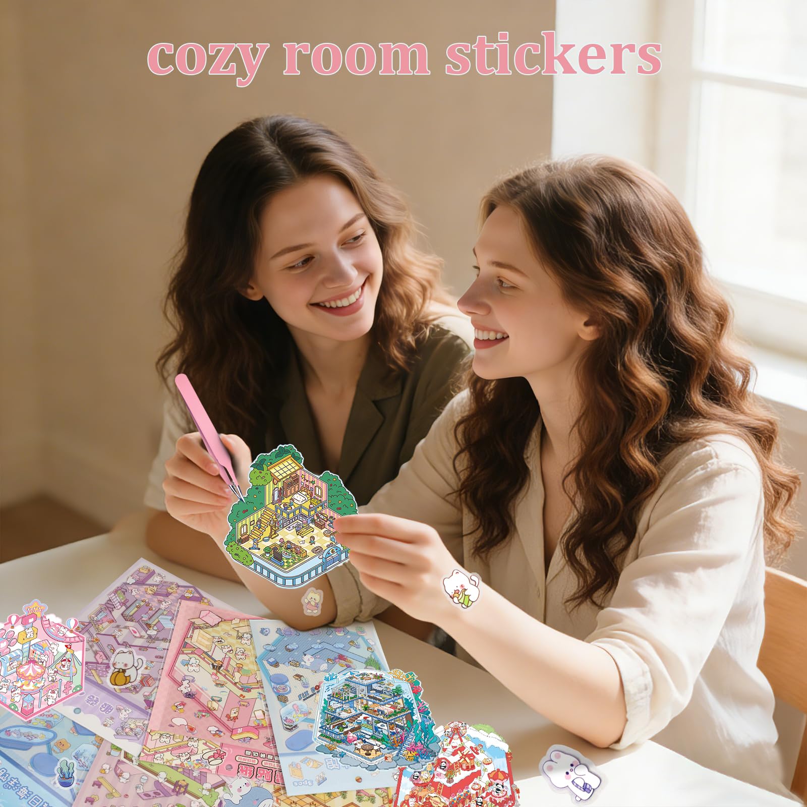 24 Sets 3D Sticker Scene, Sticker Therapy DIY, Kawaii 3D Stickers for Adults, Build Your Own Scene Stickers Collection Cozy Room Cute Miniature House
